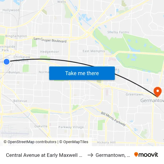 Central Avenue at Early Maxwell Blvd to Germantown, TN map