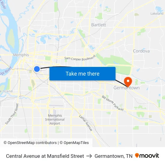 Central Avenue at Mansfield Street to Germantown, TN map