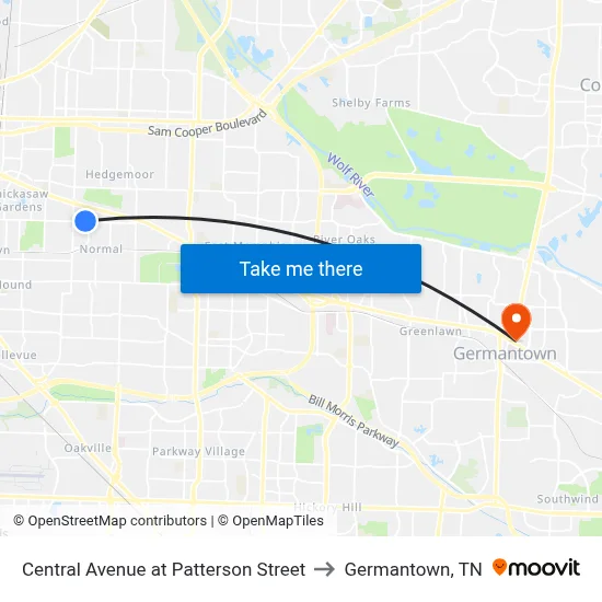 Central Avenue at Patterson Street to Germantown, TN map