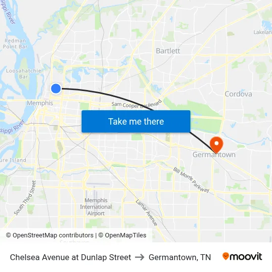 Chelsea Avenue at Dunlap Street to Germantown, TN map