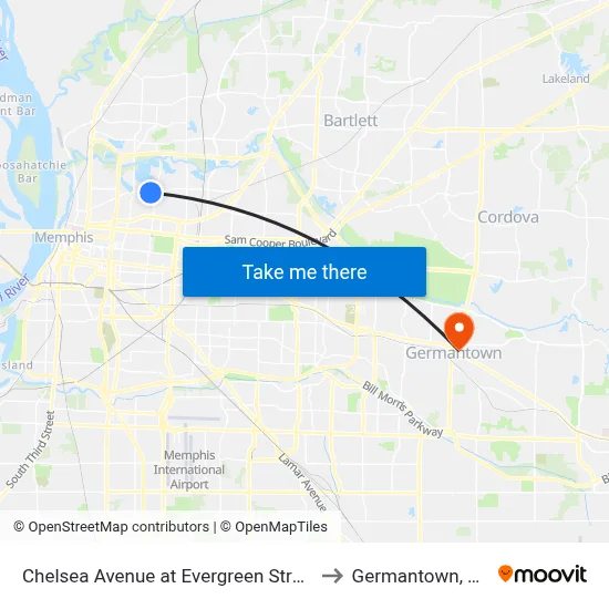 Chelsea Avenue at Evergreen Street to Germantown, TN map