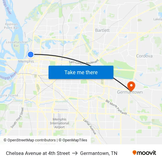 Chelsea Avenue at 4th Street to Germantown, TN map