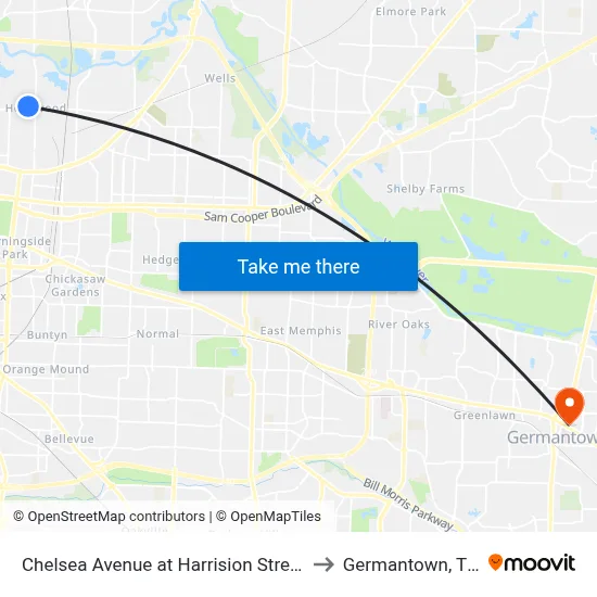 Chelsea Avenue at Harrision Street to Germantown, TN map