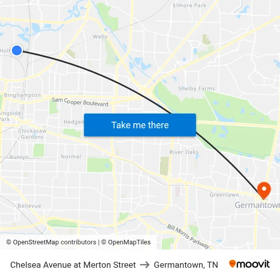 Chelsea Avenue at Merton Street to Germantown, TN map