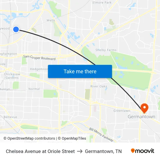 Chelsea Avenue at Oriole Street to Germantown, TN map