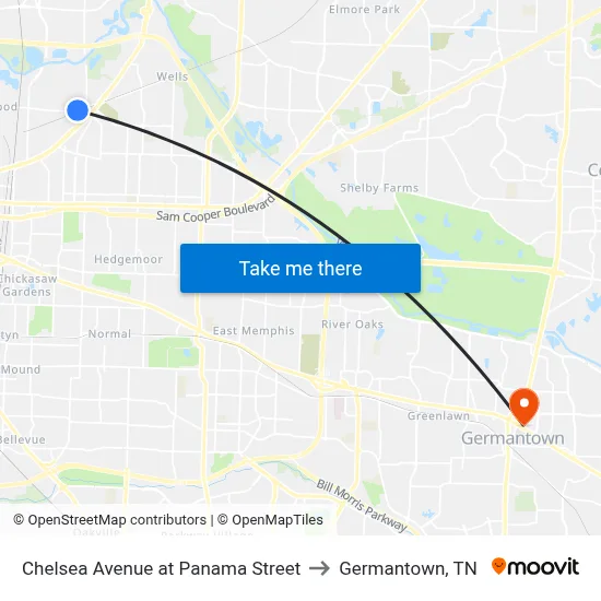 Chelsea Avenue at Panama Street to Germantown, TN map
