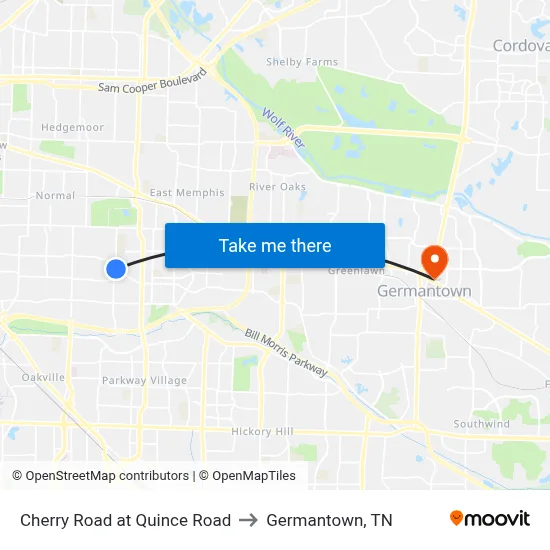 Cherry Road at Quince Road to Germantown, TN map