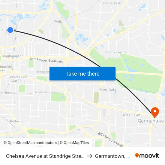 Chelsea Avenue at Standrige Street to Germantown, TN map