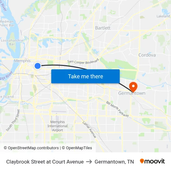 Claybrook Street at Court Avenue to Germantown, TN map