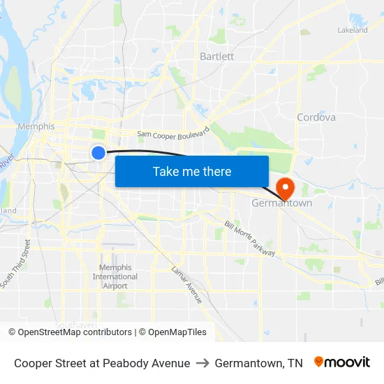 Cooper Street at Peabody Avenue to Germantown, TN map