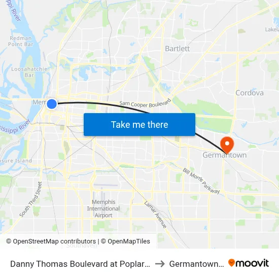 Danny Thomas Boulevard at Poplar Avenue to Germantown, TN map