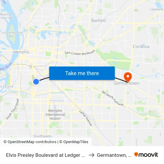 Elvis Presley Boulevard at Ledger Road to Germantown, TN map