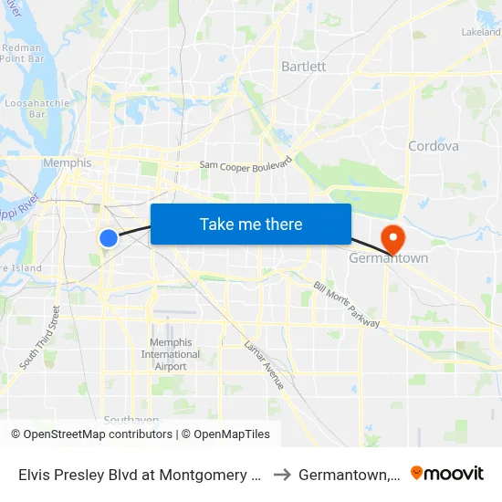 Elvis Presley Blvd at Montgomery Street to Germantown, TN map