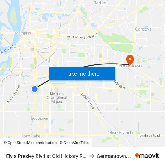 Elvis Presley Blvd at Old Hickory Road to Germantown, TN map