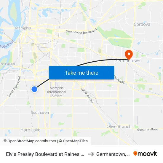 Elvis Presley Boulevard at Raines Road to Germantown, TN map