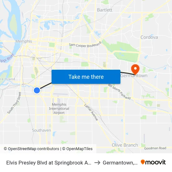 Elvis Presley Blvd at Springbrook Avenue to Germantown, TN map