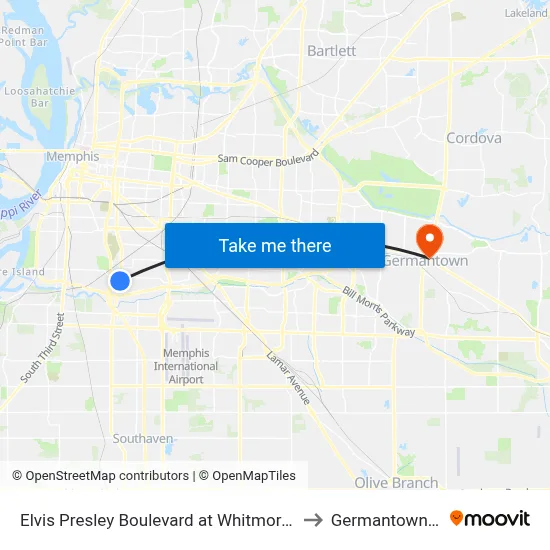 Elvis Presley Boulevard at Whitmore Road to Germantown, TN map
