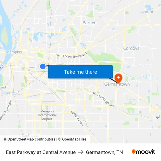 East Parkway at Central Avenue to Germantown, TN map