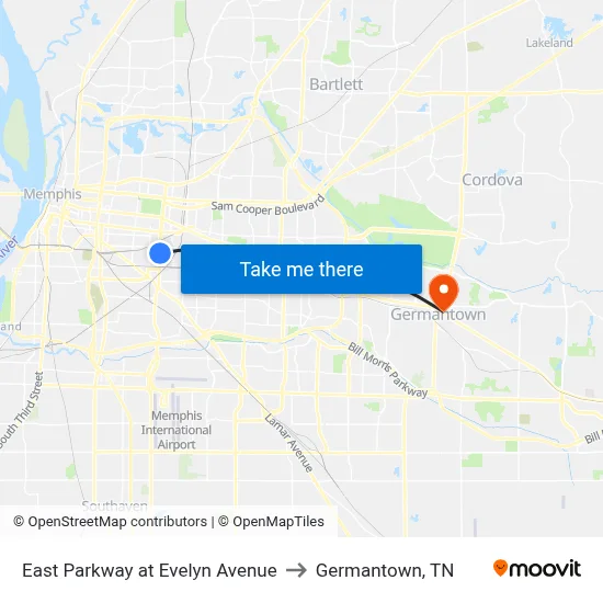 East Parkway at Evelyn Avenue to Germantown, TN map