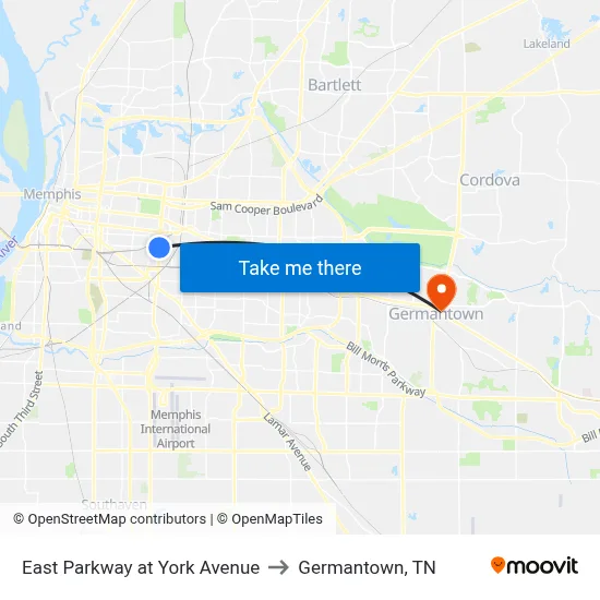 East Parkway at York Avenue to Germantown, TN map