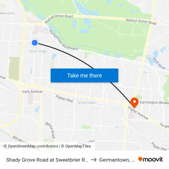 Shady Grove Road at Sweetbrier Road to Germantown, TN map