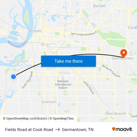 Fields Road at Cook Road to Germantown, TN map