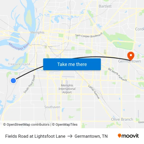 Fields Road at Lightsfoot Lane to Germantown, TN map