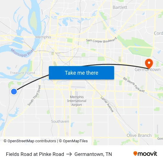 Fields Road at Pinke Road to Germantown, TN map