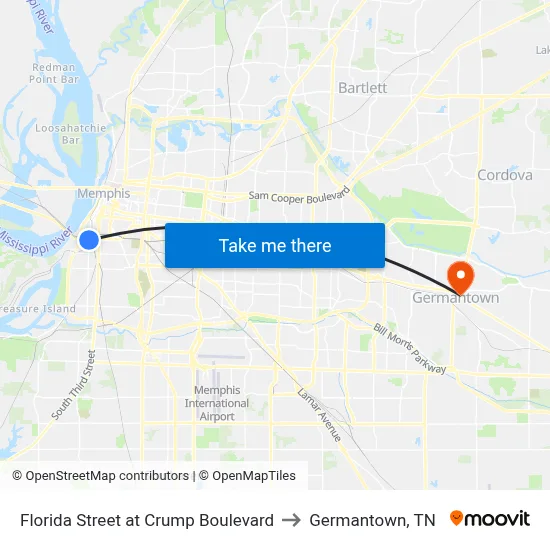 Florida Street at Crump Boulevard to Germantown, TN map