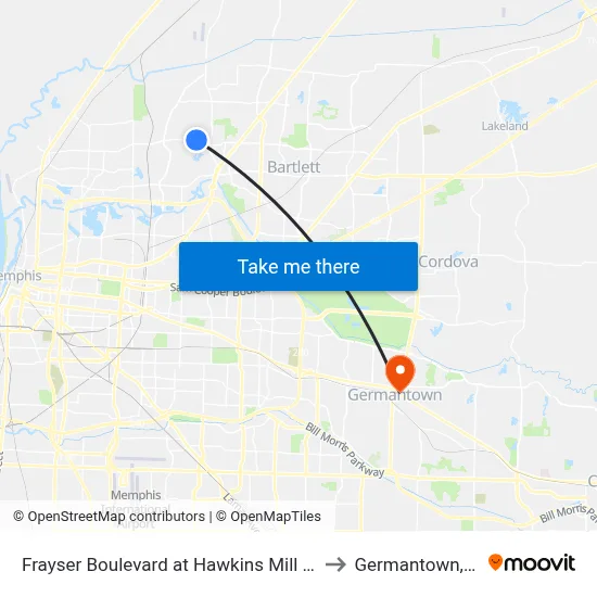 Frayser Boulevard at Hawkins Mill Road to Germantown, TN map