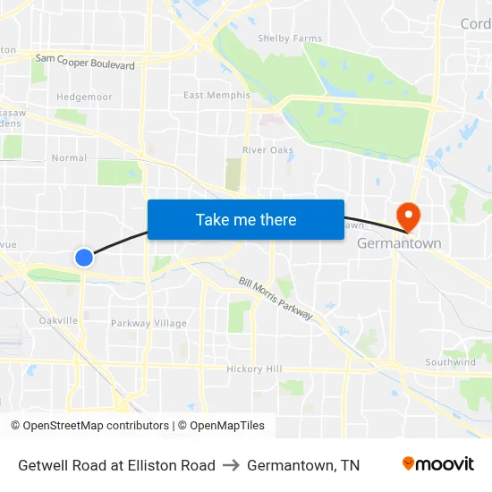 Getwell Road at Elliston Road to Germantown, TN map