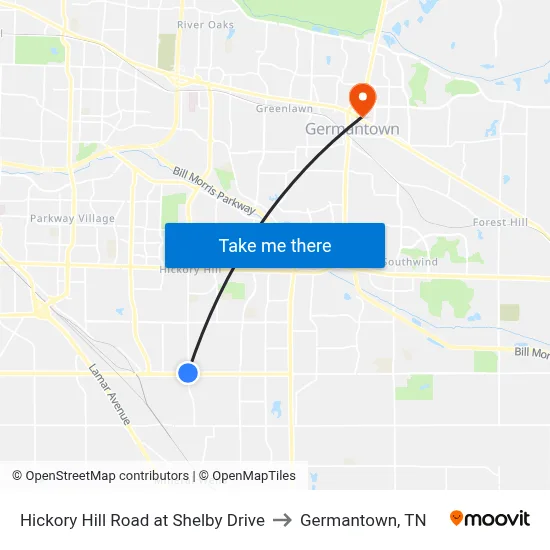 Hickory Hill Road at Shelby Drive to Germantown, TN map