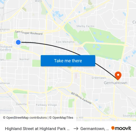 Highland Street at Highland Park Place to Germantown, TN map