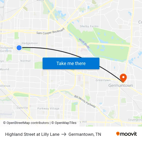 Highland Street at Lilly Lane to Germantown, TN map
