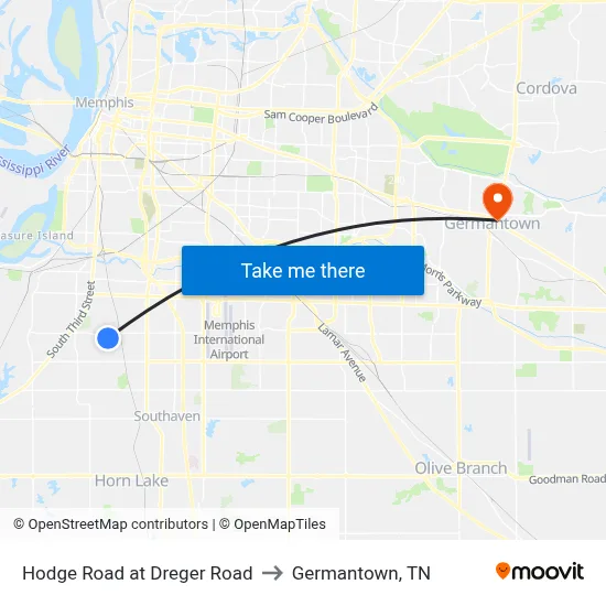 Hodge Road at Dreger Road to Germantown, TN map