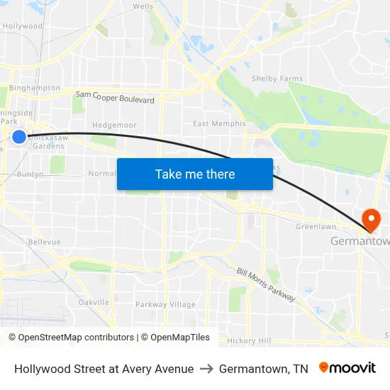 Hollywood Street at Avery Avenue to Germantown, TN map