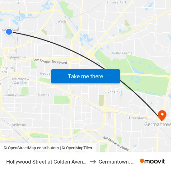 Hollywood Street at Golden Avenue to Germantown, TN map