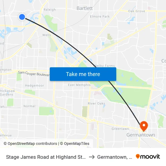 Stage James Road at Highland Street to Germantown, TN map