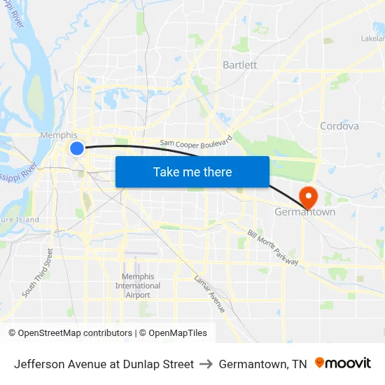 Jefferson Avenue at Dunlap Street to Germantown, TN map