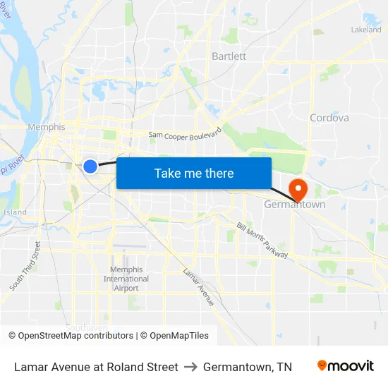 Lamar Avenue at Roland Street to Germantown, TN map
