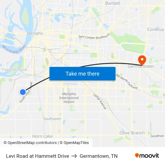 Levi Road at Hammett Drive to Germantown, TN map