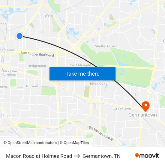 Macon Road at Holmes Road to Germantown, TN map