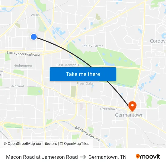 Macon Road at Jamerson Road to Germantown, TN map