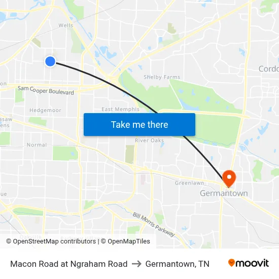 Macon Road at Ngraham Road to Germantown, TN map