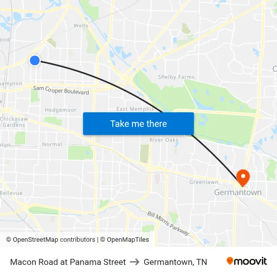 Macon Road at Panama Street to Germantown, TN map