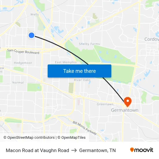Macon Road at Vaughn Road to Germantown, TN map