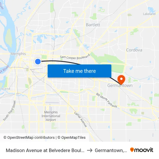 Madison Avenue at Belvedere Boulevard to Germantown, TN map