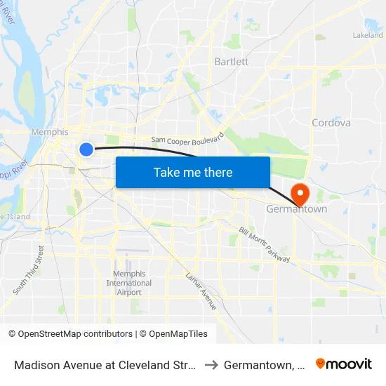 Madison Avenue at Cleveland Street to Germantown, TN map
