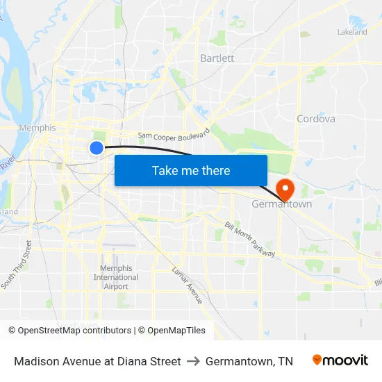 Madison Avenue at Diana Street to Germantown, TN map