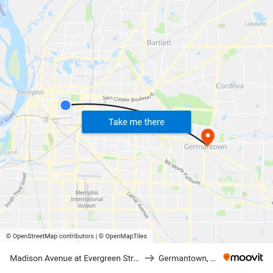 Madison Avenue at Evergreen Street to Germantown, TN map